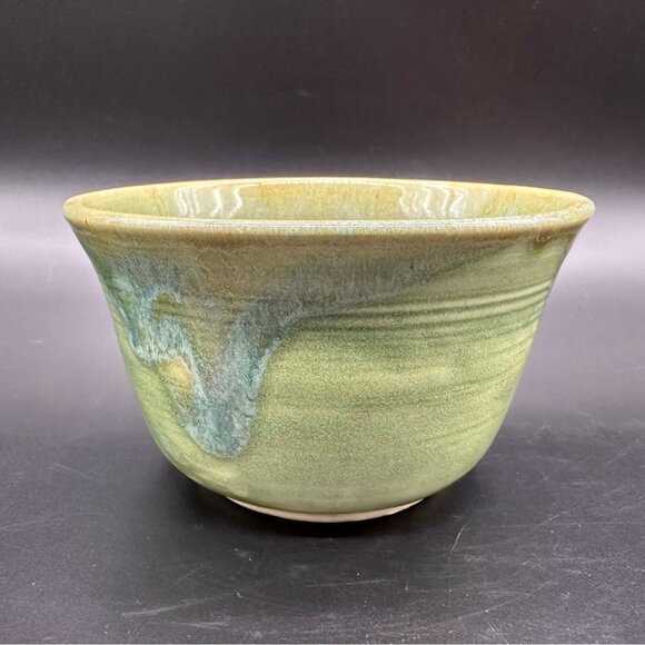 Art Pottery Bowl Green Blue Drip Swirl Glaze Unique Signed Gan Handmade Dish - Picture 3 of 10